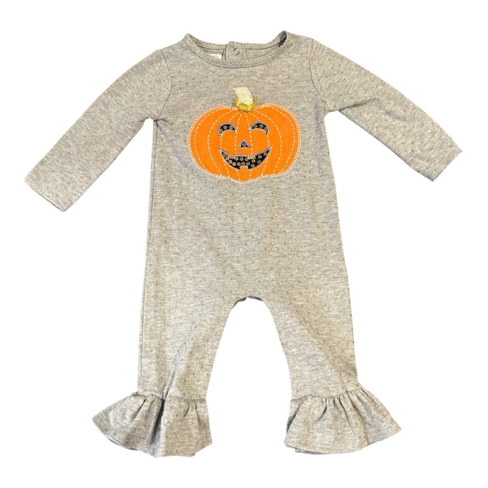 Mud Pie Baby's Halloween Jumpsuit Pumpkin Appliqué Ruffle Hem Gray, Size 6-9M